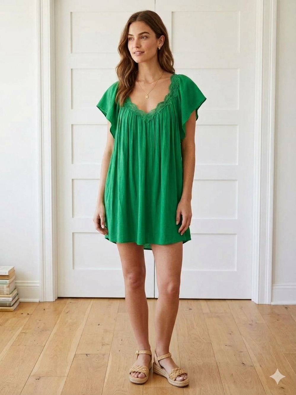 Alice + Olivia Mimi Pleated Mini Dress Emerald Green Lace Trim Flutter Sleeve